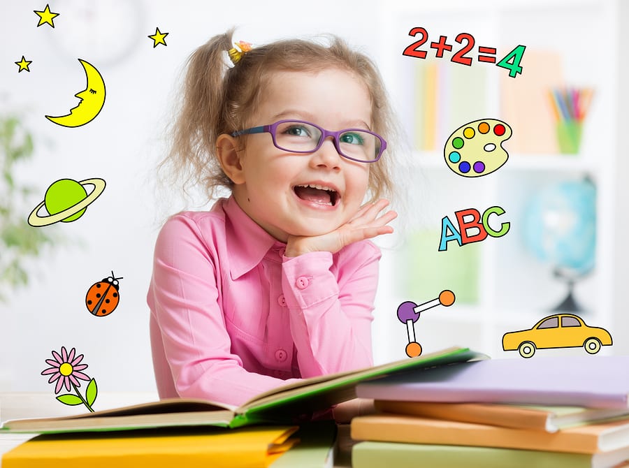 young girl in glasses with education-related graphics surrounding her