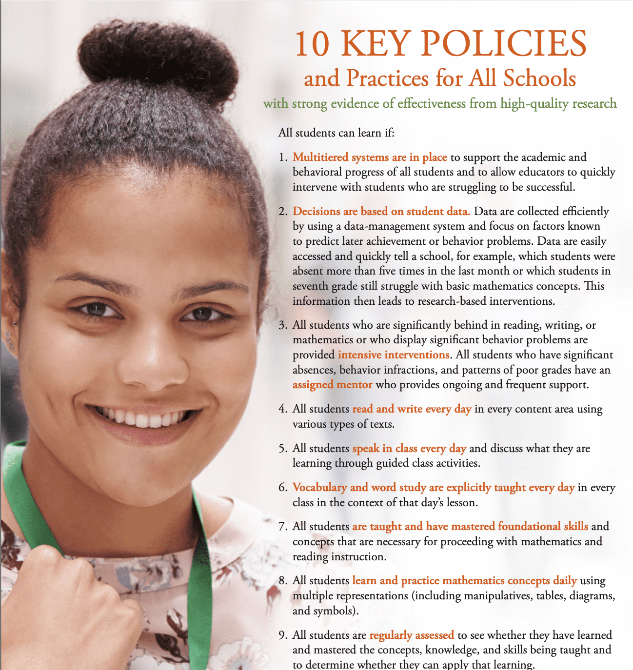 Cover of resource with key policies and photo of young Black girl