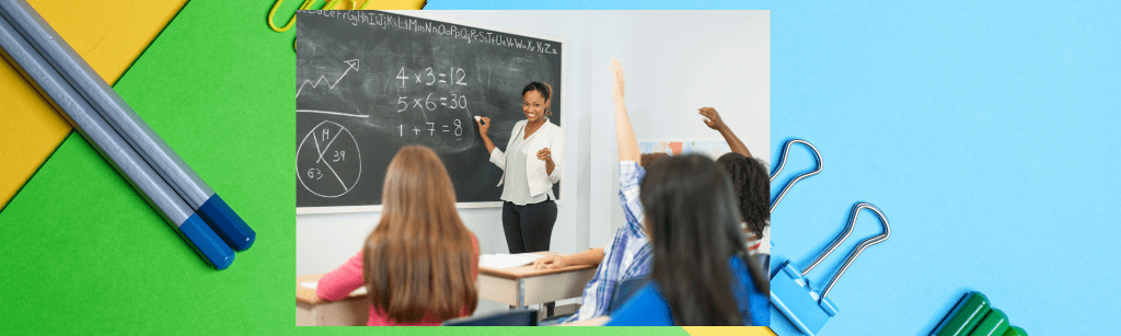 banner-style image showing a math teacher working on the chalkboard, children raising their hands 