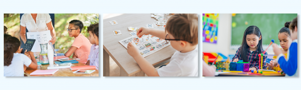 Banner of three photos including young children working with various classroom materials