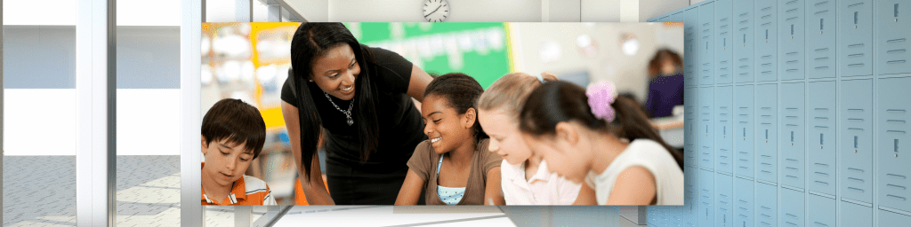 Black female teacher bends down to talk with a group of diverse middle school students