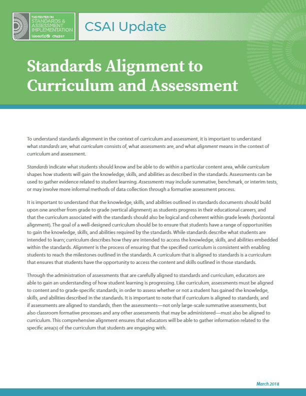 CSAI Update: Standards Alignment to Curriculum and Assessment